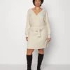 Wrap V Ausschnitt Mini Strickkleid Mit Gürtel - Robe Pull - Off White